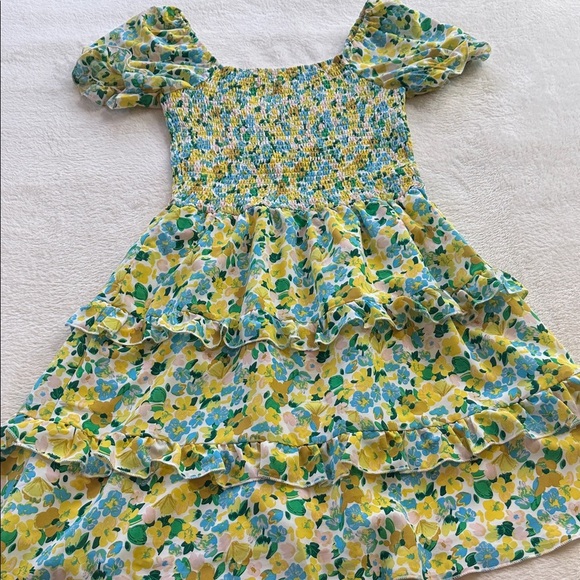 Kirundo Blue and Yellow Floral Print Smocked Puff Sleeve Off Shoulder Dress - Picture 12 of 14